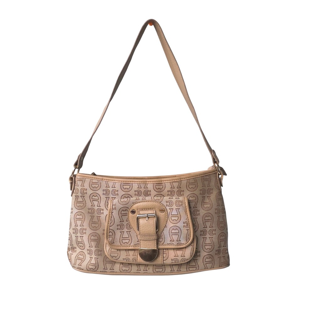 Etienne Aigner Tan Monogram Jacquard Shoulder Bag Buckle Pocket Silver Hardware